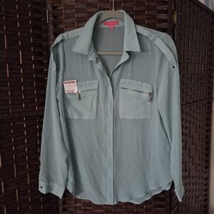 Aqua Dress Blouse with Zippered Front & Pockets